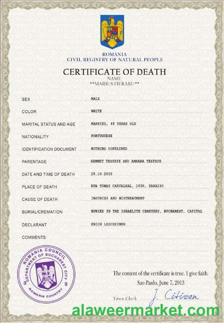 Romania death certificate PSD template
